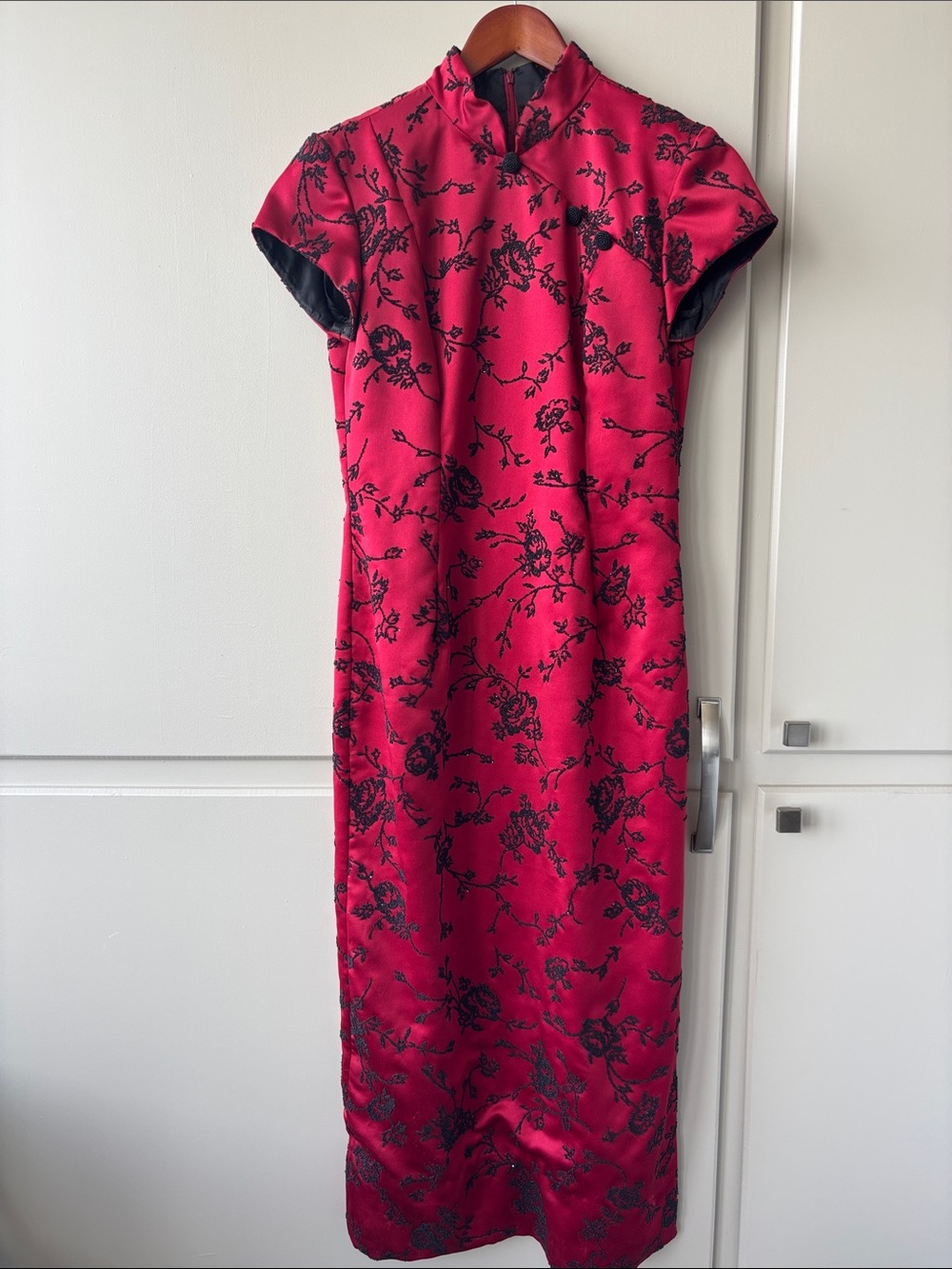 Red beaded  Satin Maxi Cheongsam Dress